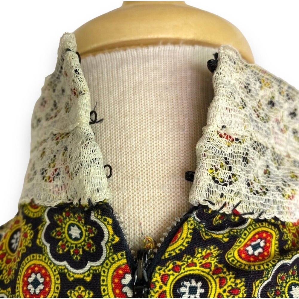 Vintage 60s Handmade Mandala Print Maxi Dress Long Sleeve Gown Lace Trim Hippie - Picture 8 of 9